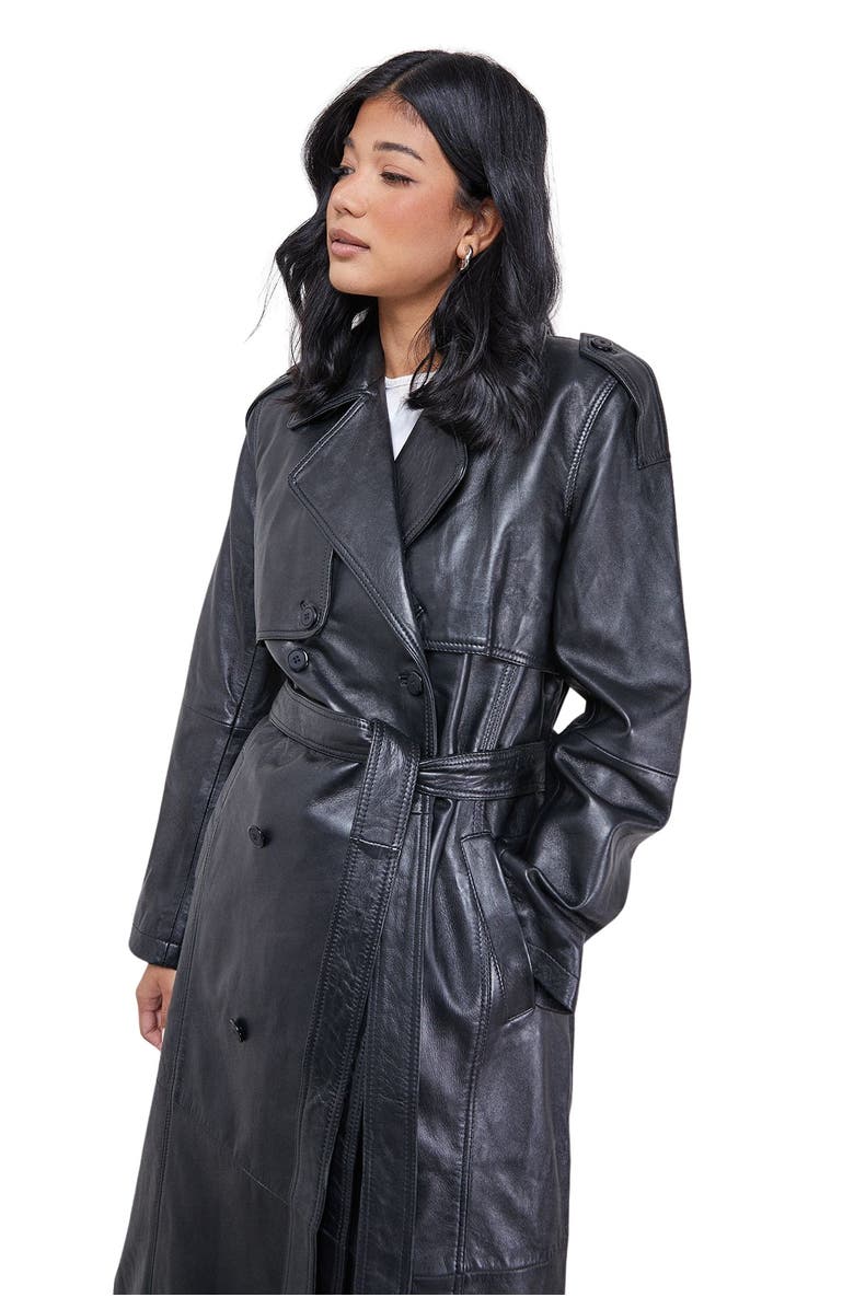 Warehouse Real Leather Belted Trench Coat, Alternate, color, Black