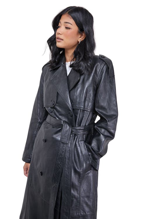 Warehouse Real Leather Belted Trench Coat In Black