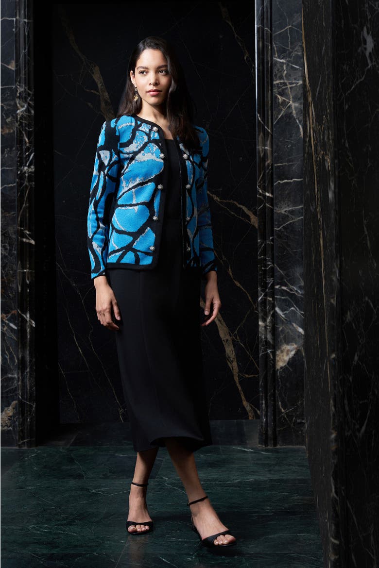 Abstract Jacquard Suede Trim Knit Jacket, Alternate, color, Tranquil Blue