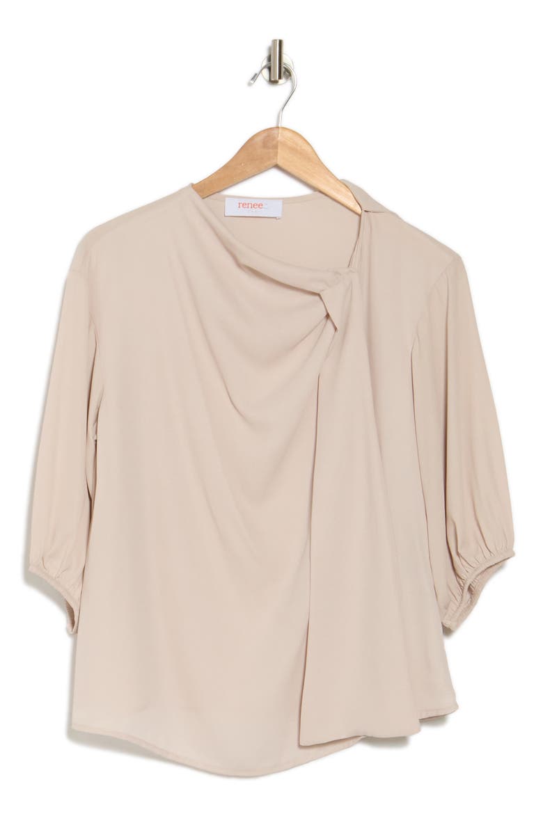 Scarf Detail Three-Quarter Sleeve Top, Alternate, color, BEIGE