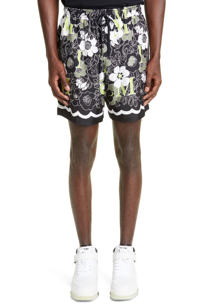 Floral Amiri Silk Shorts, Main, color, BLACK