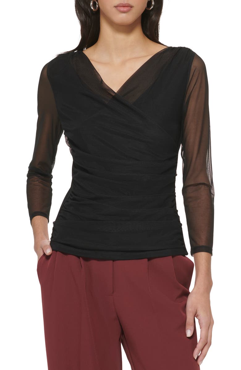 DKNY Surplice Mesh Top, Main, color, Black