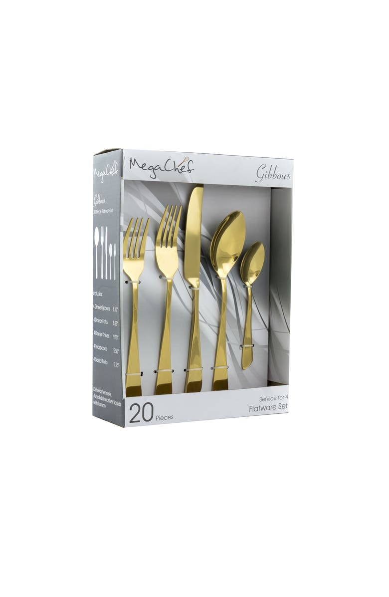 Megachef Gibbous 20 Piece Flatware Utensil Set, Stainless Steel Silverware Metal Service for 4, Main, color, Gold