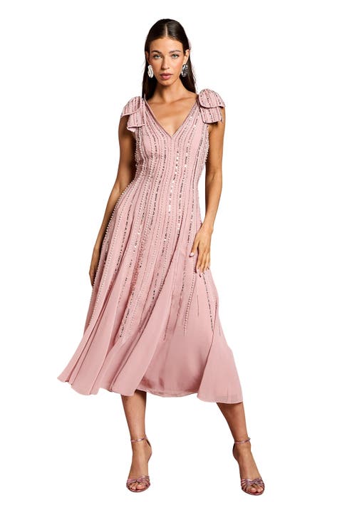 Bow Shoulder Embellished Midi Dress