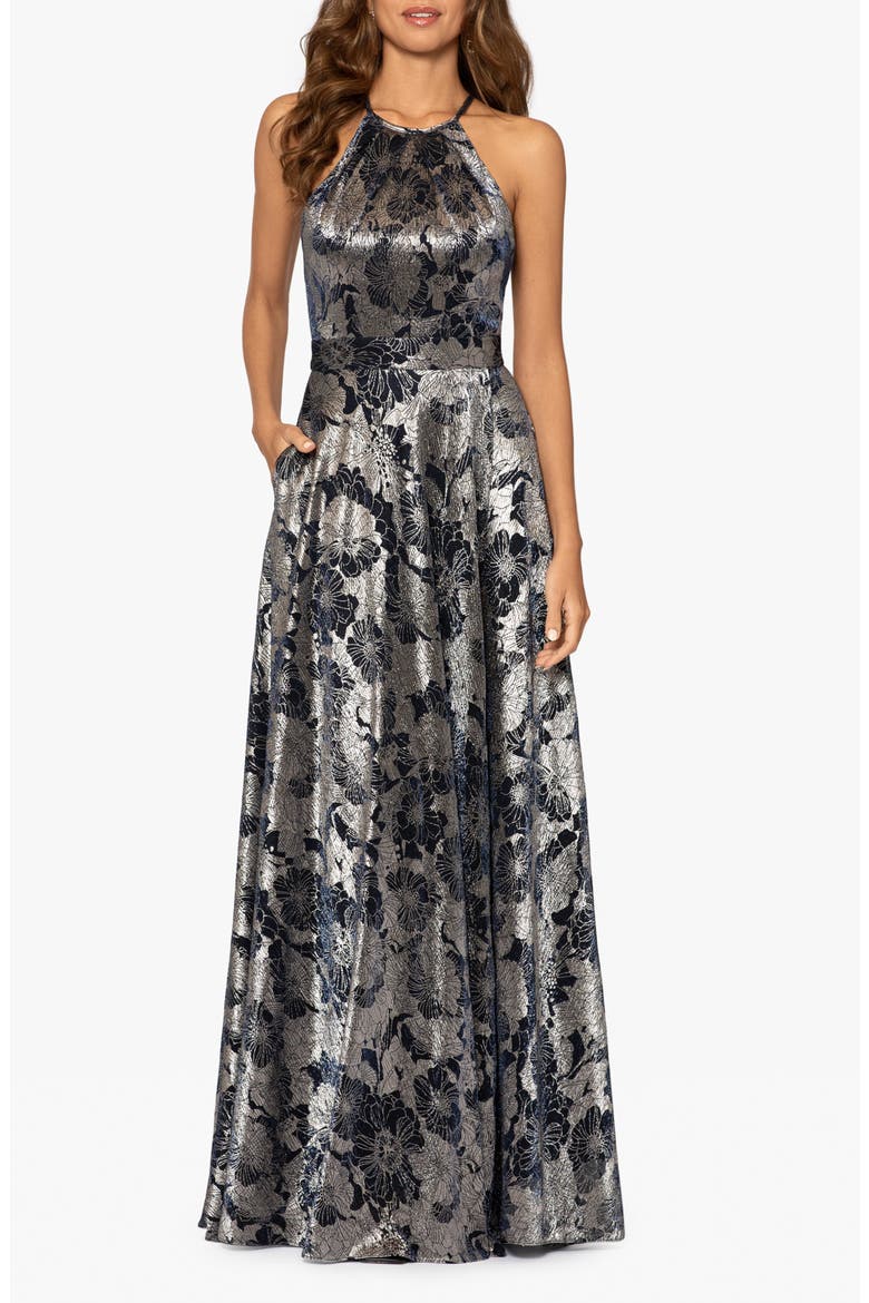 Metallic Floral Halter Top Gown, Main, color, NAVY/GUNMETAL