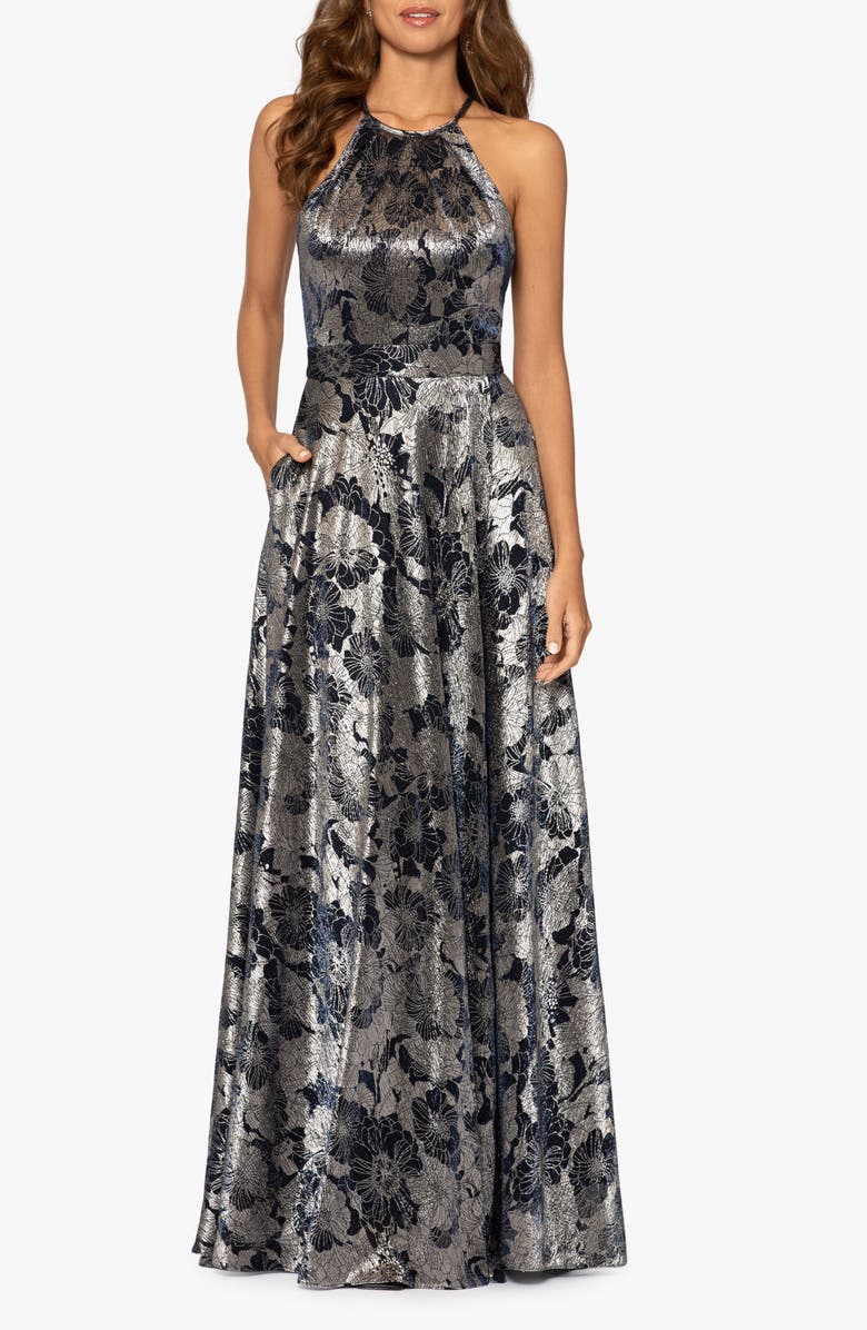 Betsy & Adam Metallic Floral Halter Top Gown, Main, color, Navy/Gunmetal