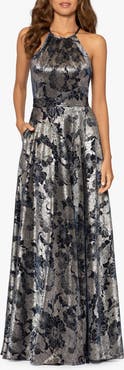 Betsy & Adam Metallic Floral Halter Top Gown