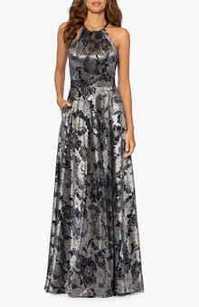 Betsy & Adam Metallic Floral Halter Top Gown