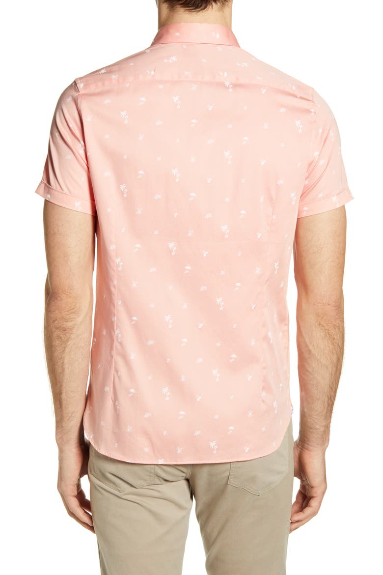 Slim Fit Tropical Print Short Sleeve Button-Up Shirt, Alternate, color, CORAL