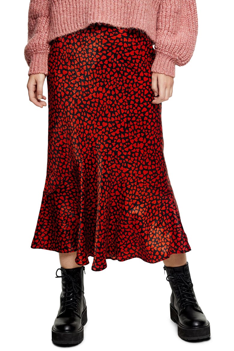 Heart Satin Flounce Midi Skirt, Main, color, RED MULTI