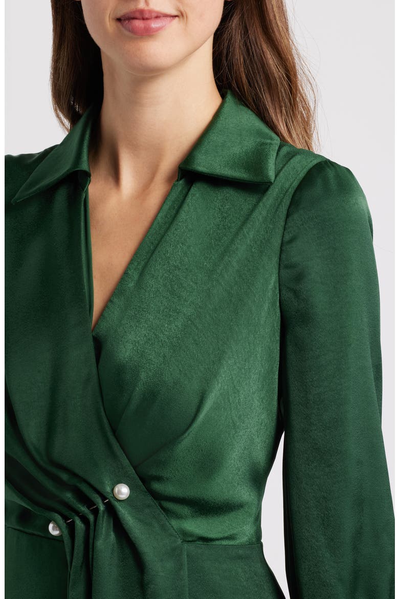 Faux Pearl Clasp Detail Satin Shirtdress, Alternate, color, GREEN