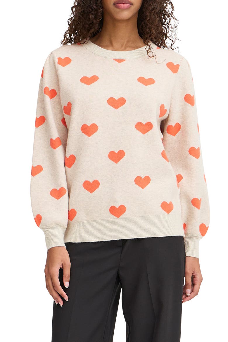 Heart Pullover Sweater, Main, color, OATMEAL/ HOT CORAL