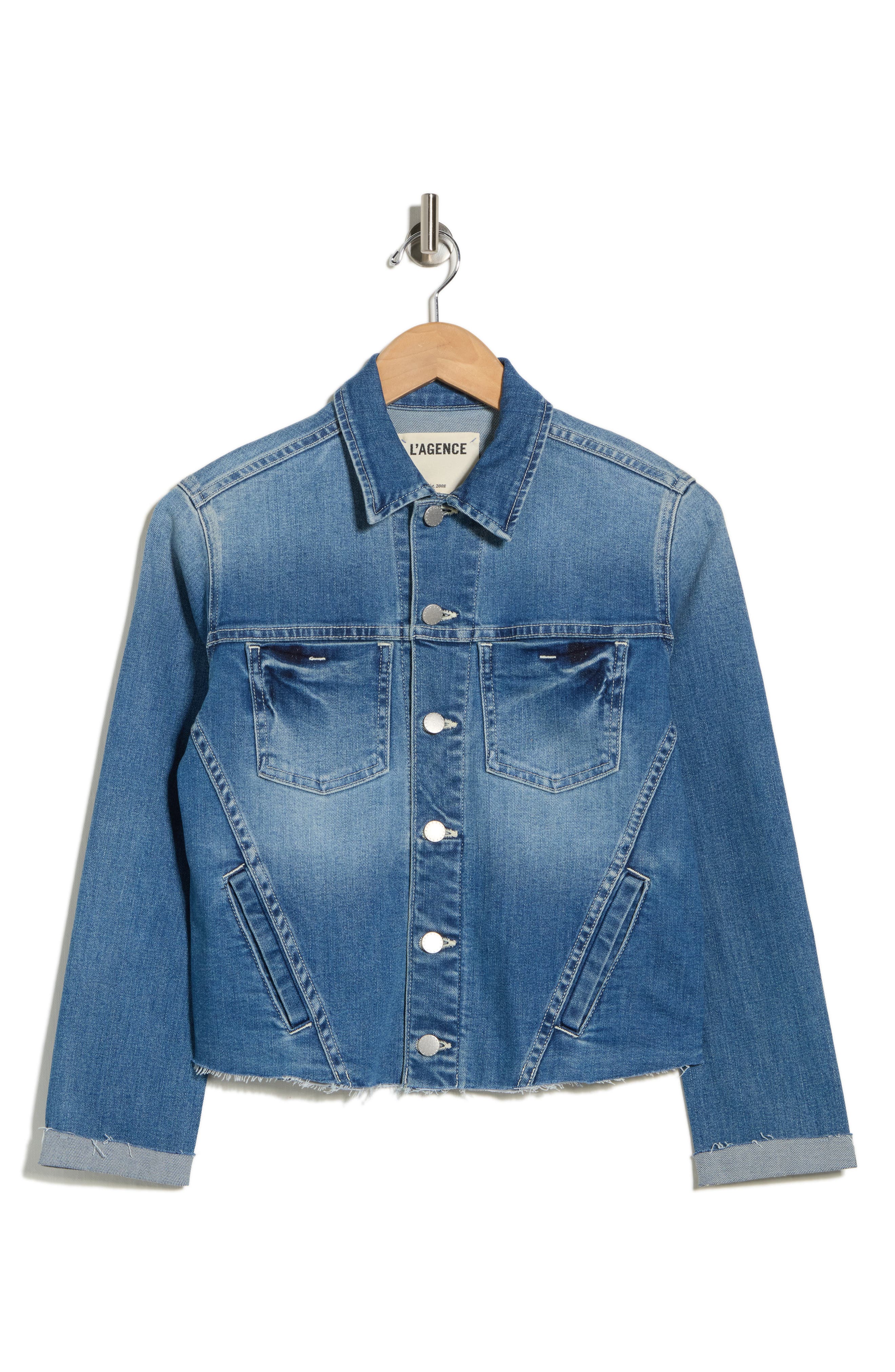 L'AGENCE Janelle Slim Fit Raw Hem Denim Trucker Jacket
