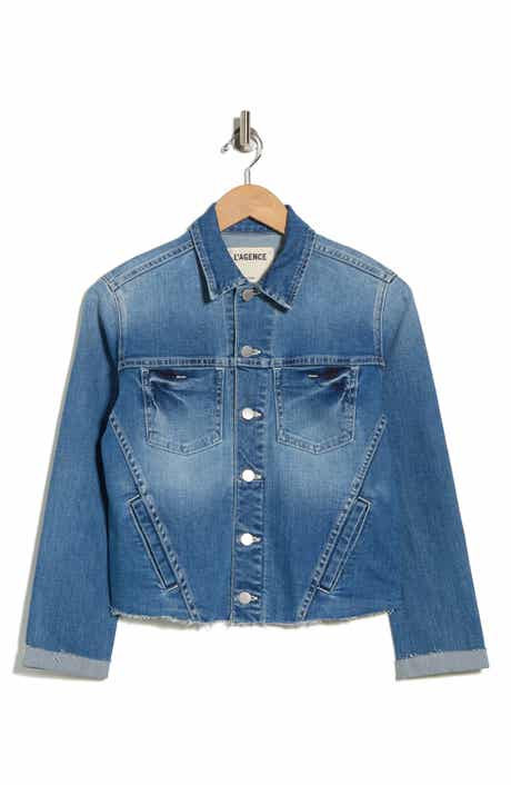 L'AGENCE Janelle Slim Fit Raw Hem Denim Trucker Jacket