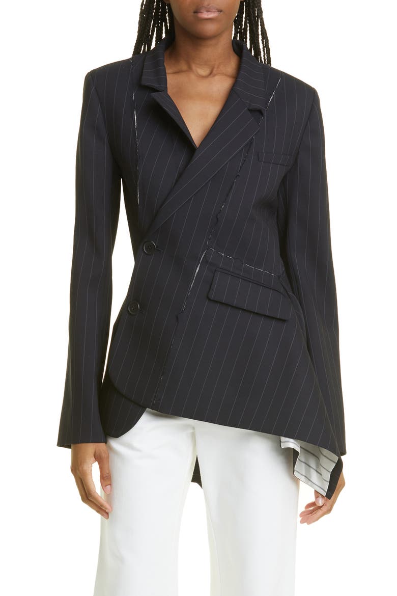 Pinstripe Deconstructed Asymmetric Stretch Wool Blazer, Main, color, PINSTRIPE/ MIDNIGHT