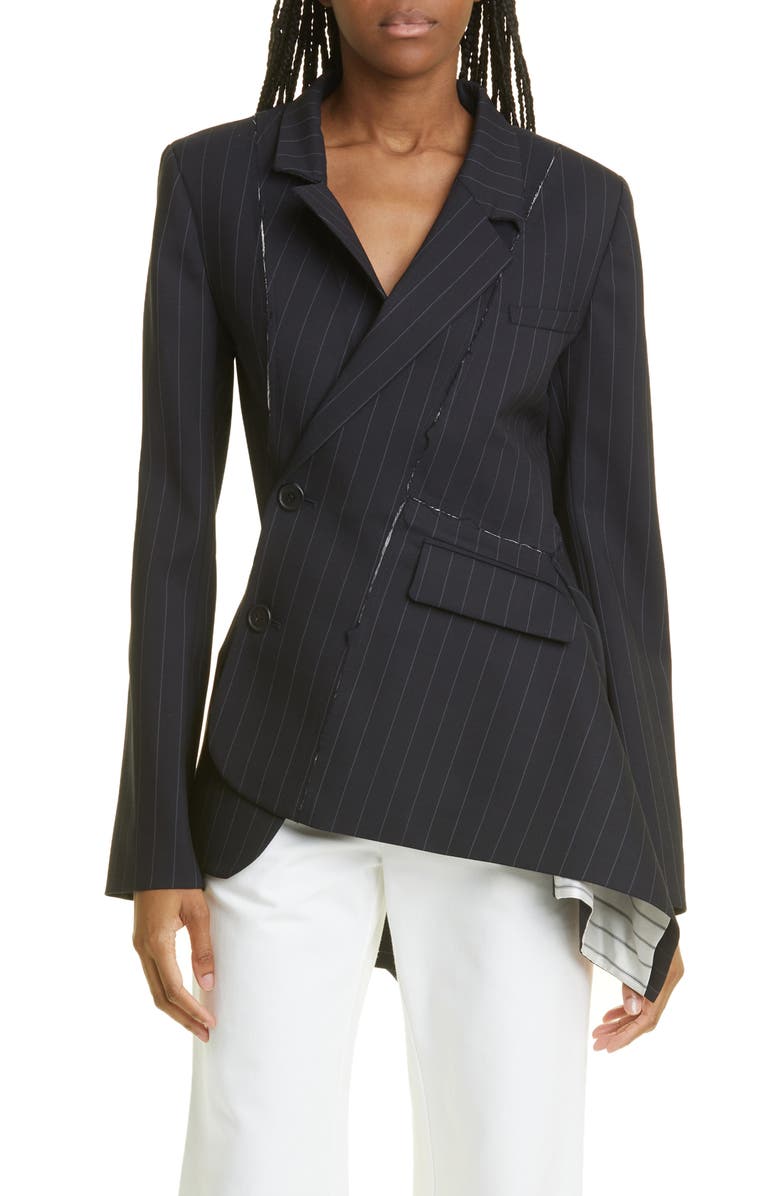 MONSE Pinstripe Deconstructed Asymmetric Stretch Wool Blazer, Main, color, 