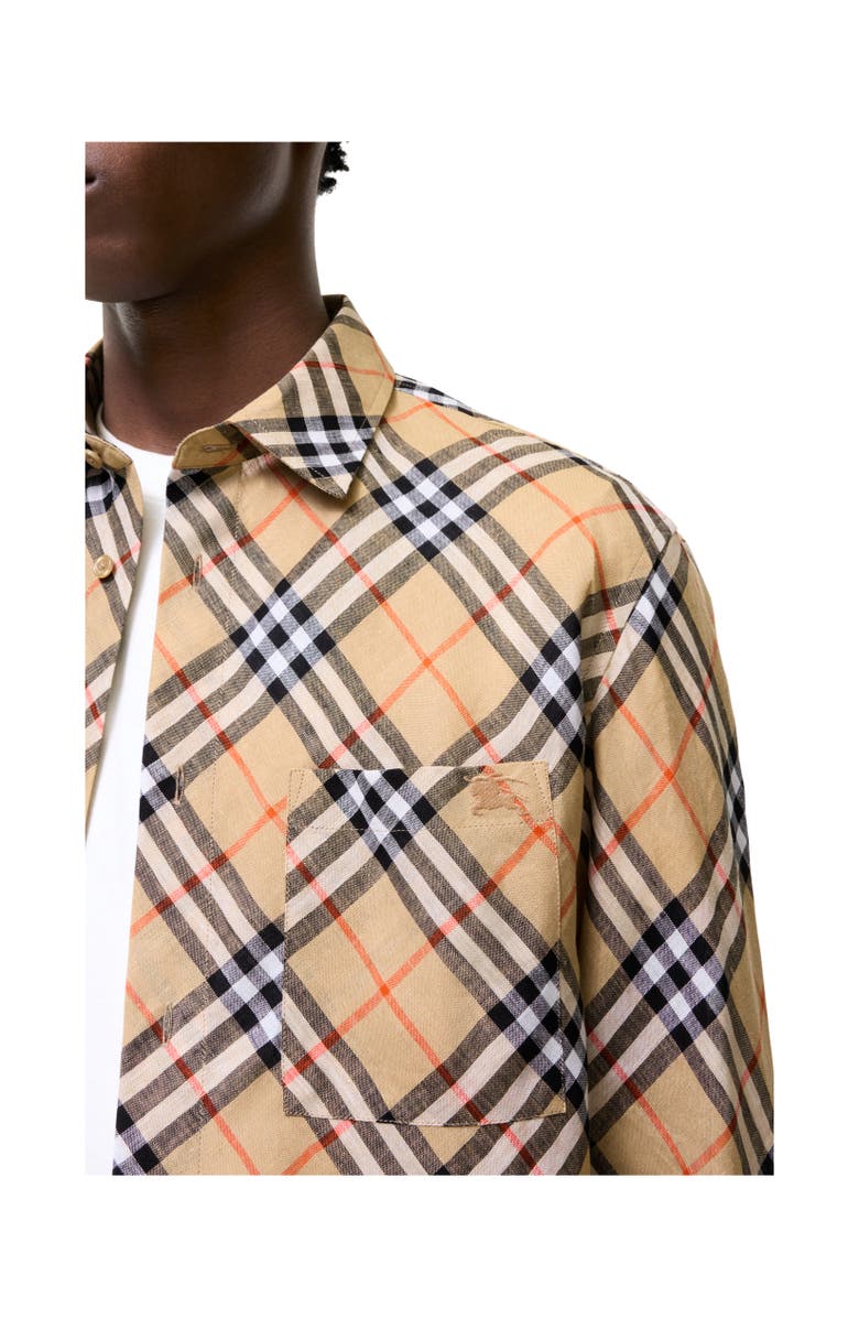 Burberry Relaxed Fit Check Linen Shirt, Alternate, color, Sand Beige