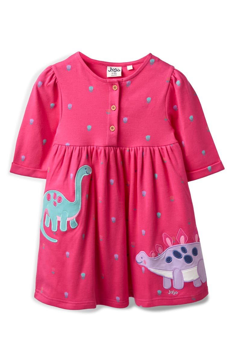 JOJO MAMAN BEBE Kids' Dinosaur Appliqué Cotton Dress, Main, color, Fuchsia