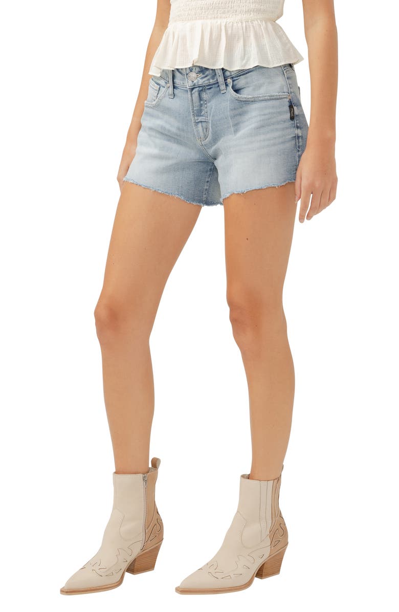 Silver Jeans Co. Curvy Raw Hem Mid Rise Denim Boyfriend Shorts, Alternate, color, 
