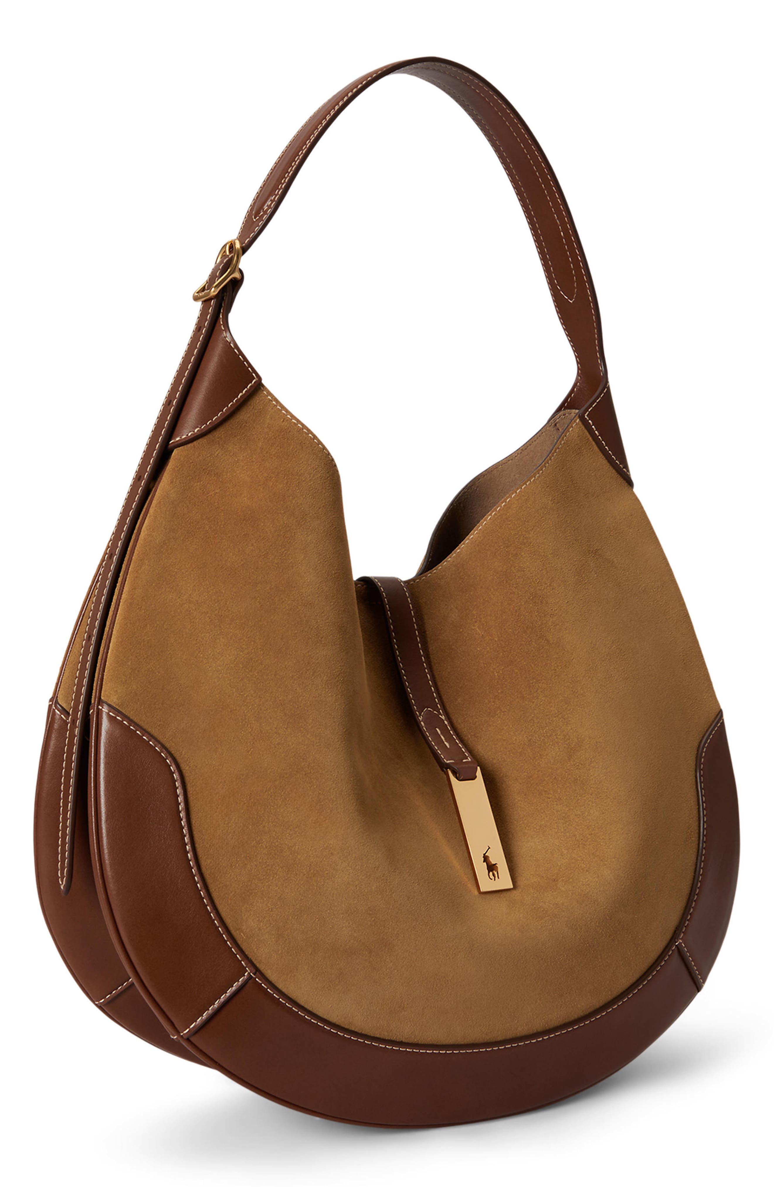 Polo ID Suede & Leather Shoulder Bag, Alternate, color, CLAY/ TOBACCO