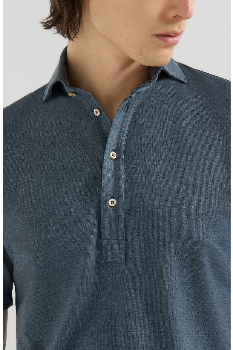 Virgin wool, silk and cotton piqué polo shirt with spread collar, Alternate, color, Cerulean