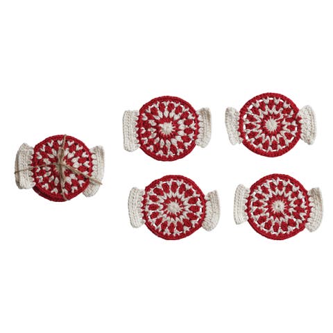 Crocheted Candy Shaped Coasters, Tied with Jute, Red & Natural, Set of 4