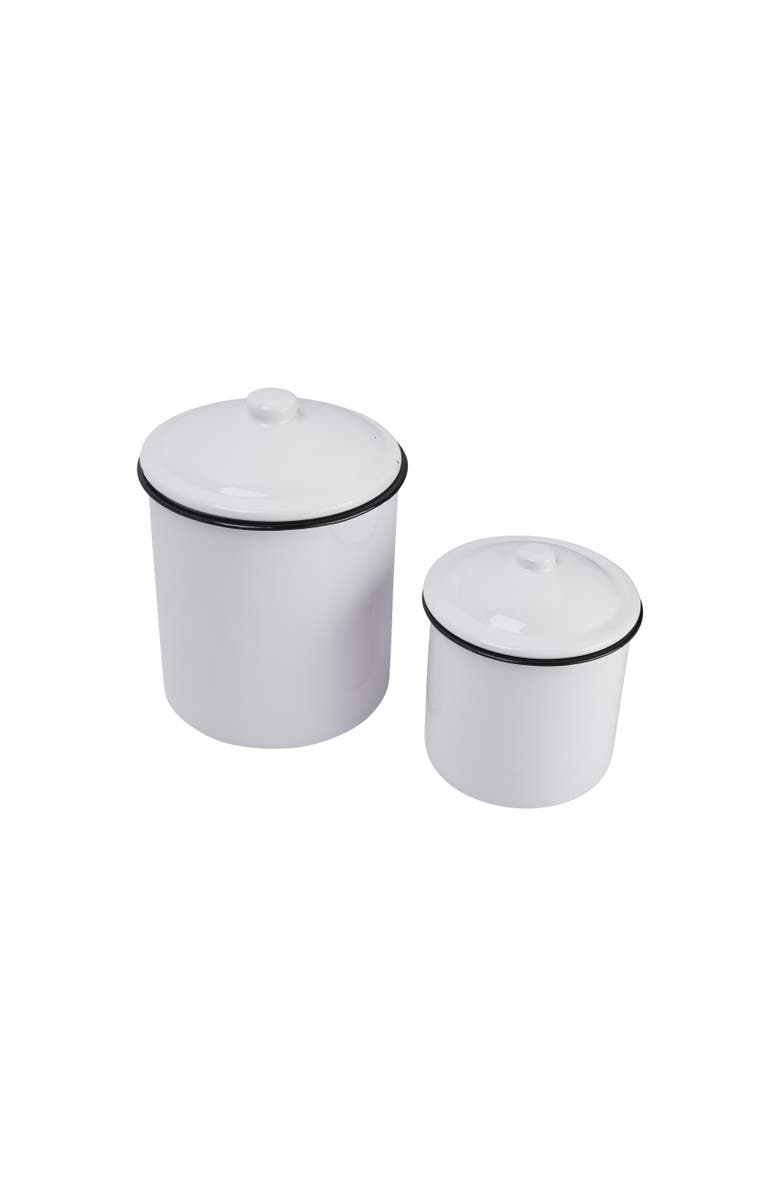 Storied Home Farmhouse Enameled Metal Canisters with Lids, White and Black, Set of 2 Sizes, Main, color, 