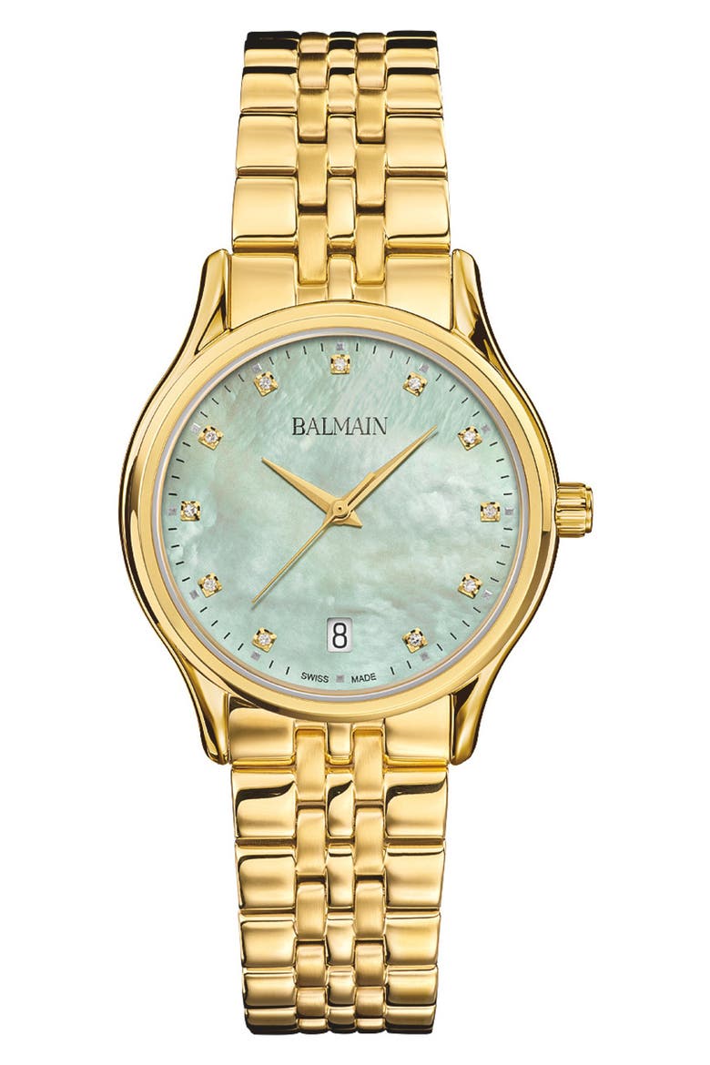Beleganza Mother-of-Pearl & Diamond Bracelet Watch, 32mm, Main, color, YELLOW GOLD PVD COATING