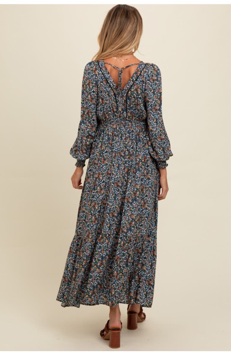 PinkBlush Floral V-Neck Bubble Sleeve Maxi Dress, Alternate, color, Navy Blue