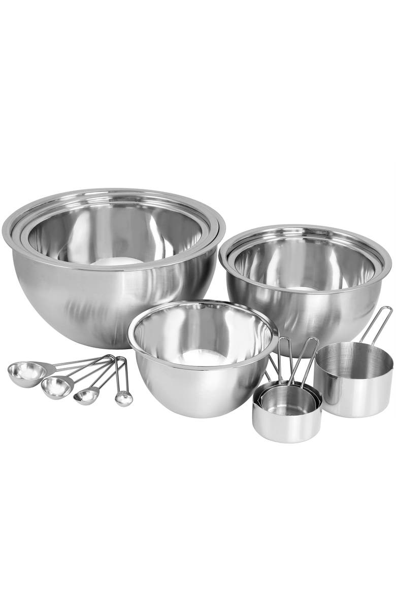 Megachef 14 Piece Stainless Steel Measuring Cup and Spoon Set with Mixing Bowls, Main, color, Silver
