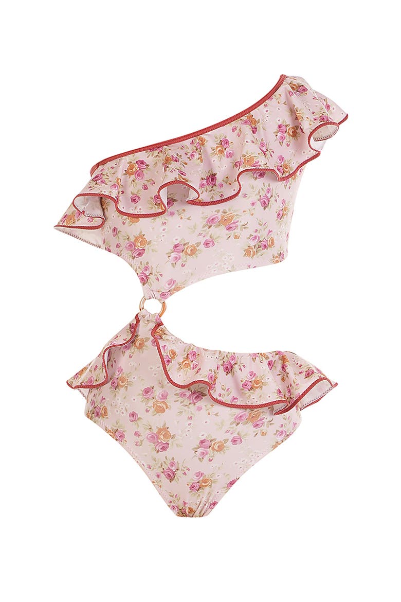 One-Shoulder Floral Ruffled with Side Cutout and Ring Detail, Main, color, Burgundy