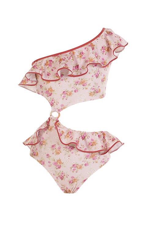 One-Shoulder Floral Ruffled with Side Cutout and Ring Detail