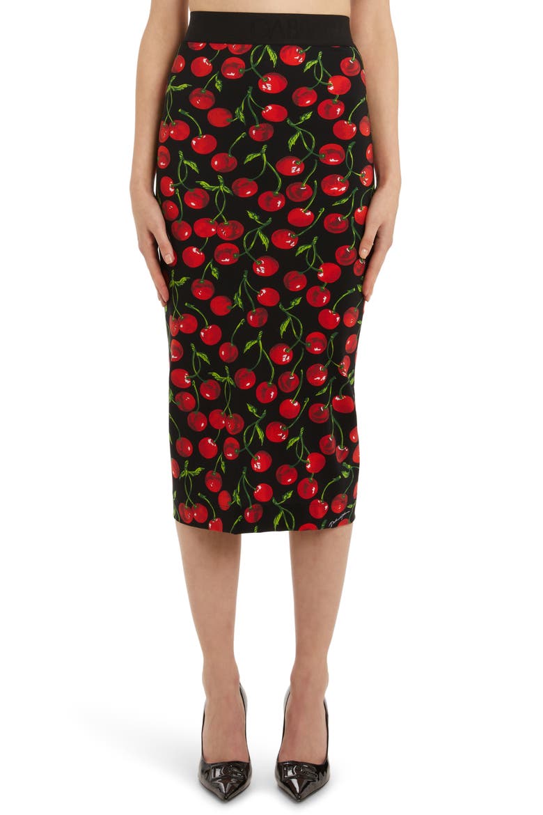 Cherry Print Column Skirt, Main, color, BLACK PRINT