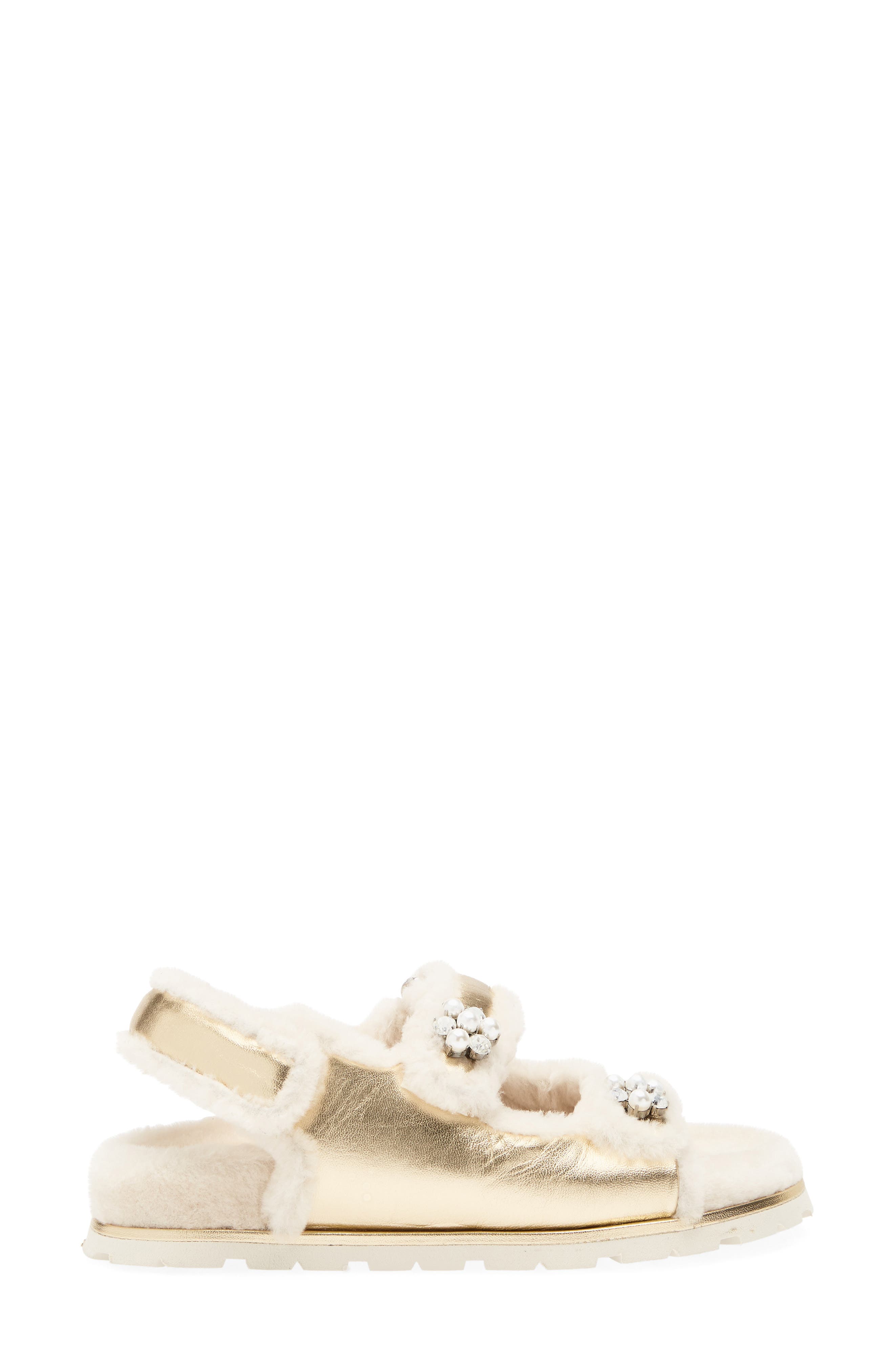 Stuart Weitzman Wynter Genuine Shearling Sandal, Alternate, color, Golden/ Cream