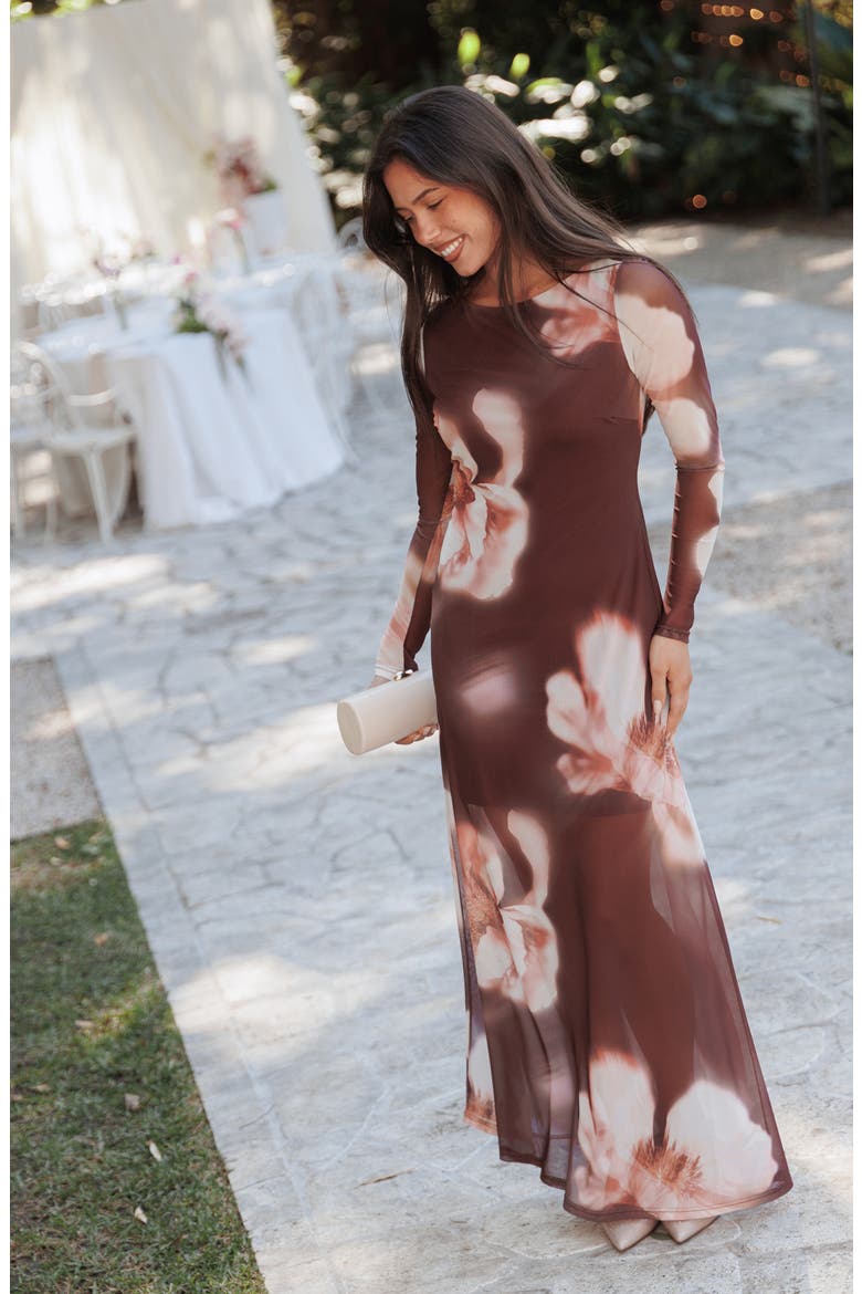 Bradshaw Floral Long Sleeve Maxi Dress, Alternate, color, BROWN BLURRED FLORAL