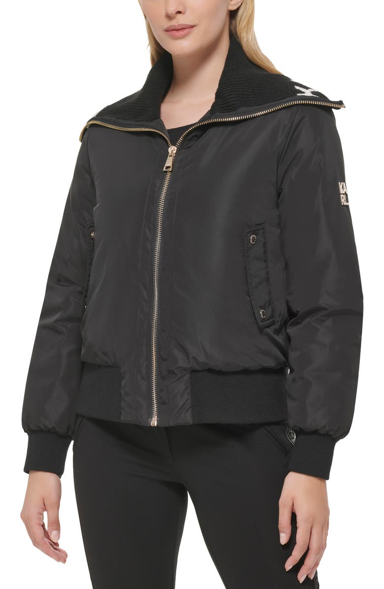 KARL LAGERFELD PARIS Water Resistant Knit Logo Collar Bomber Jacket, Main, color,