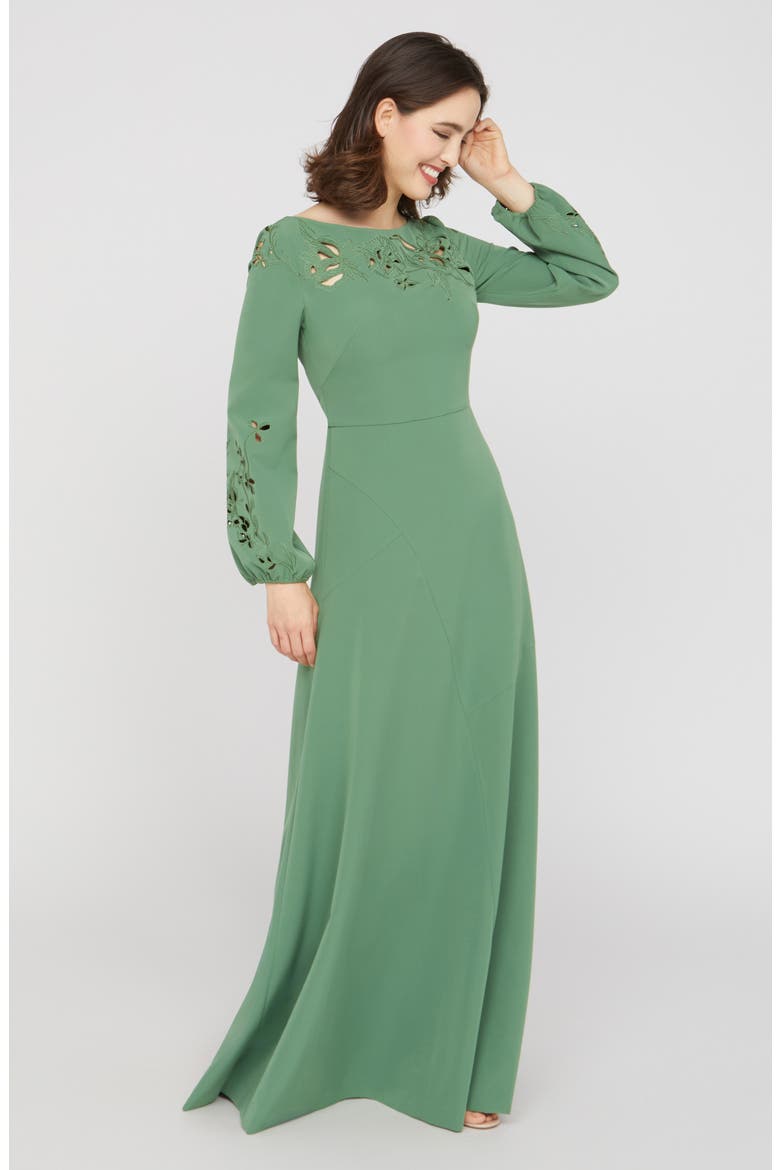 Valentina Embroidered Long Sleeve Gown, Alternate, color, SPEARMINT