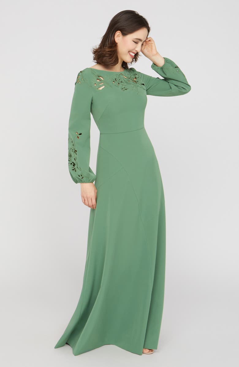 Kay Unger Valentina Embroidered Long Sleeve Gown, Alternate, color, Spearmint