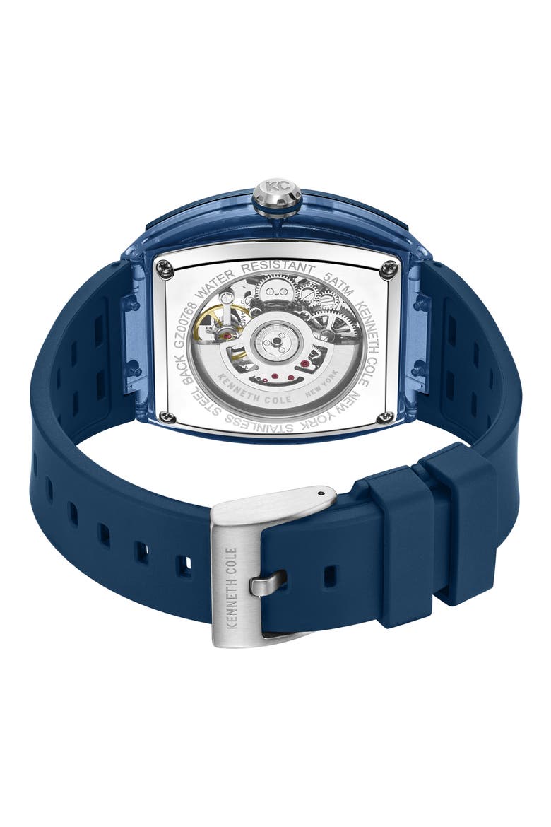 Skeleton Tonneau Automatic Silicone Strap Watch, 44mm x 56.2mm, Alternate, color, NAVY
