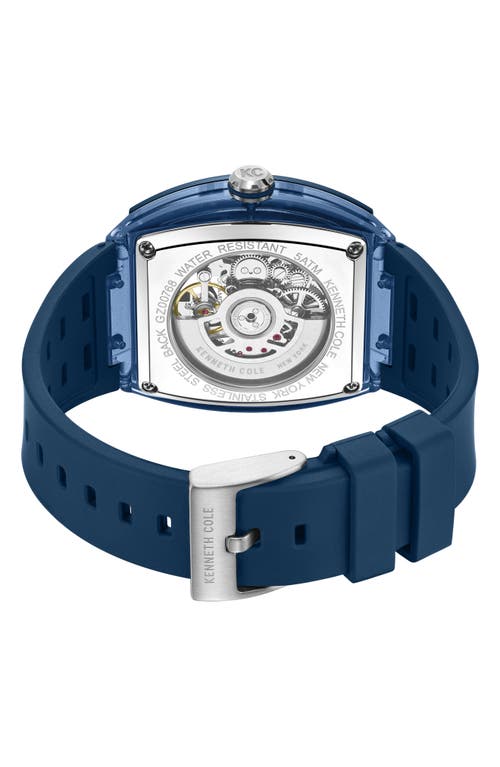 Kenneth Cole New York Skeleton Tonneau Automatic Silicone Strap Watch, 44mm X 56.2mm In Blue