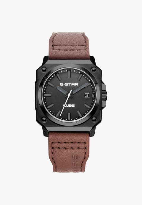 Cube - 41mm, Gray Dial, Brown Leather Strap, Black Square Stainless Steel Watch