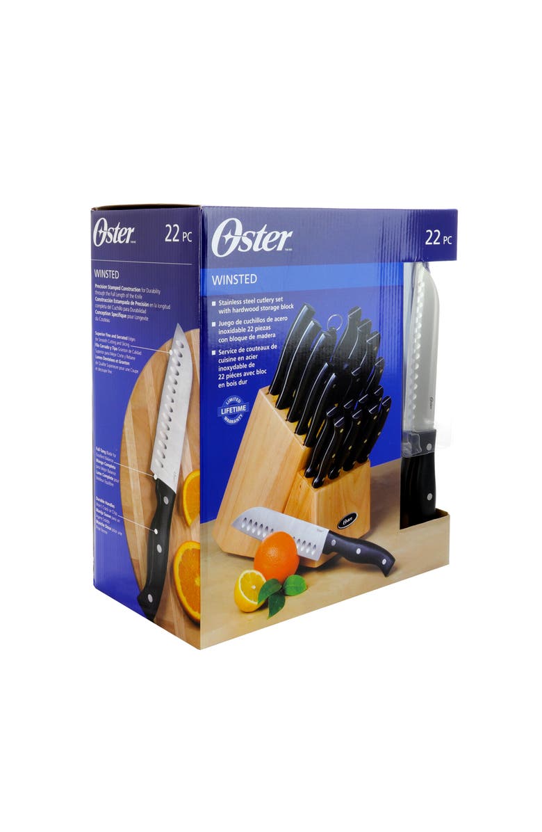 OSTER Winstead 22 Piece Stainless Steel Cutlery Set with Black Handles and Wooden Block, Alternate, color, Black