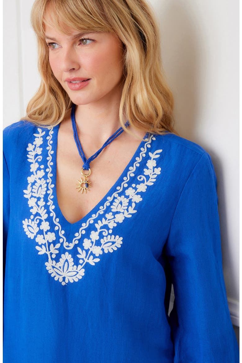 Embroidered Asymmetric Hem Linen Blend Top, Alternate, color, BLUE