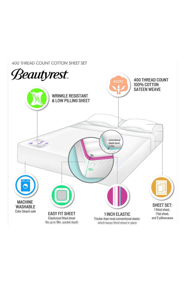 BEAUTYREST 400 Thread Count Wrinkle Resistant Cotton Sateen Sheet Set, Alternate, color,