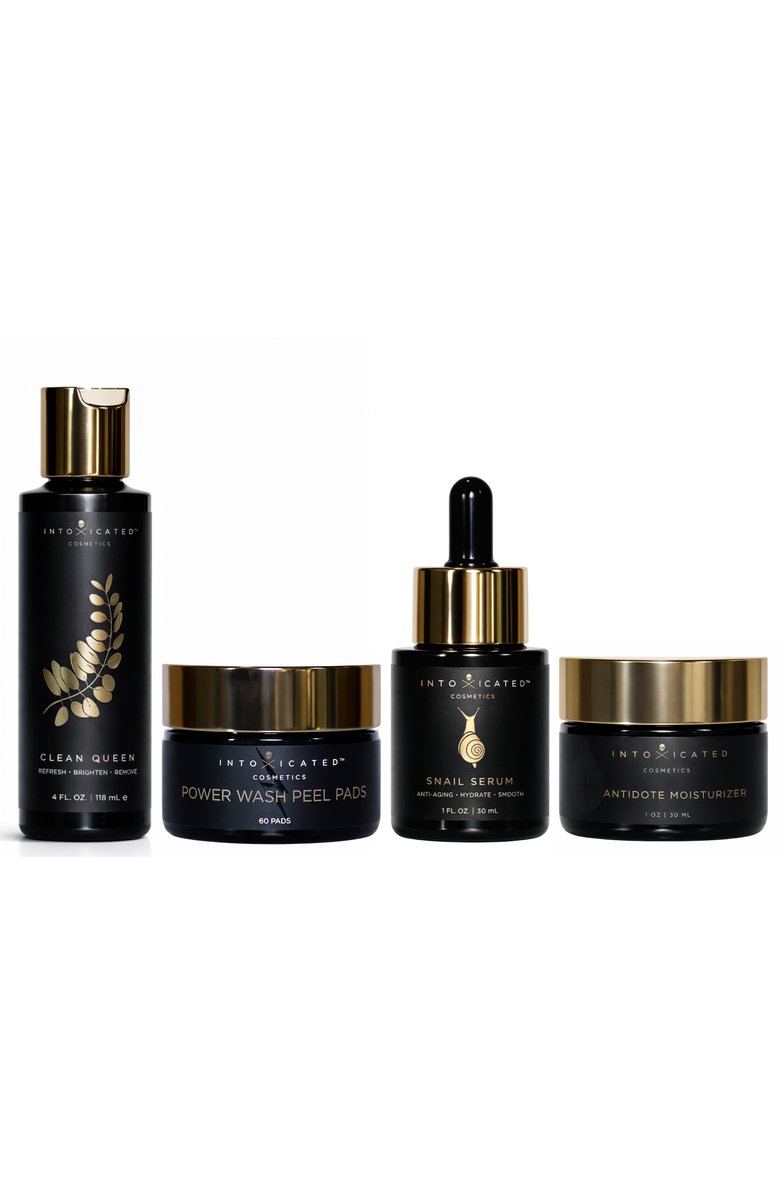 Intoxicated Cosmetics Complete Snail Set (Snail Serum, Antidote Moisturizer, Clean Queen, Power Wash Peel Pads) | Anti-Aging Skincare Serum with Vegan Snail Peptides, Fine Line Smoothing Daily Moisturizer, & Glycolic Exfoliation Bundle, Main, color, NO COLOR