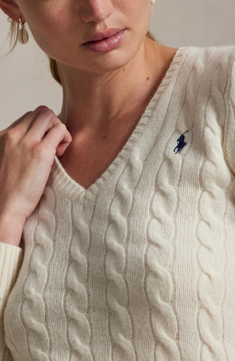 Polo Ralph Lauren Kimberly Cable Wool & Cashmere V-Neck Sweater, Alternate, color, Cream