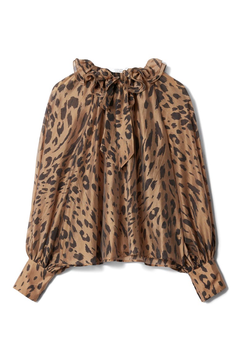 Leopard Print Ruffle Tie Neck Top, Alternate, color, LEOPARD