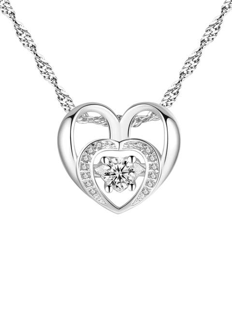 White Gold Double Heart Necklace with Cubic Zirconia Necklace