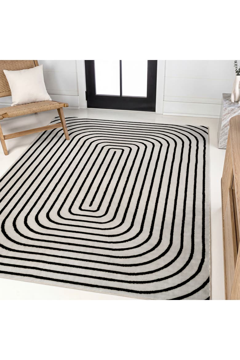 Freya High-Low Modern Scandinavian Arch Stripe Monotone Indoor/Outdoor Area Rug, Alternate, color, Black/White