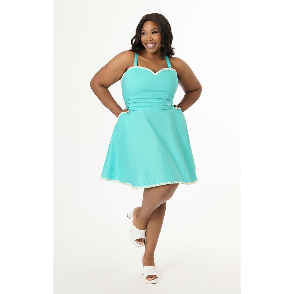 Unique Vintage Plus Size 1950s Sleeveless Cotton Flare Dress In Blue